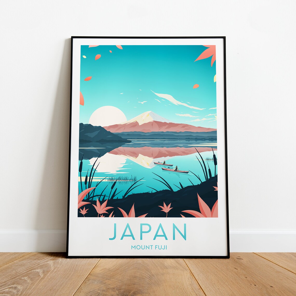 Mount Fuji Japan Lake Reflection Autumn Maple Leaves Travel Poster