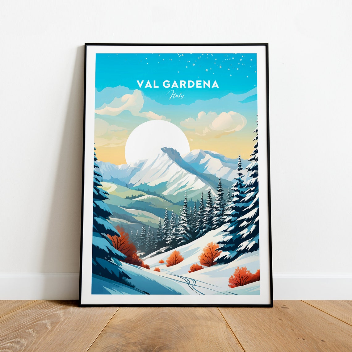Val Gardena Italy Dolomites Snow Peaks Rising Moon Travel Poster