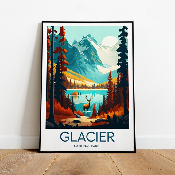 Glacier National Park Montana Elk Lake Peaks Vintage Travel Poster