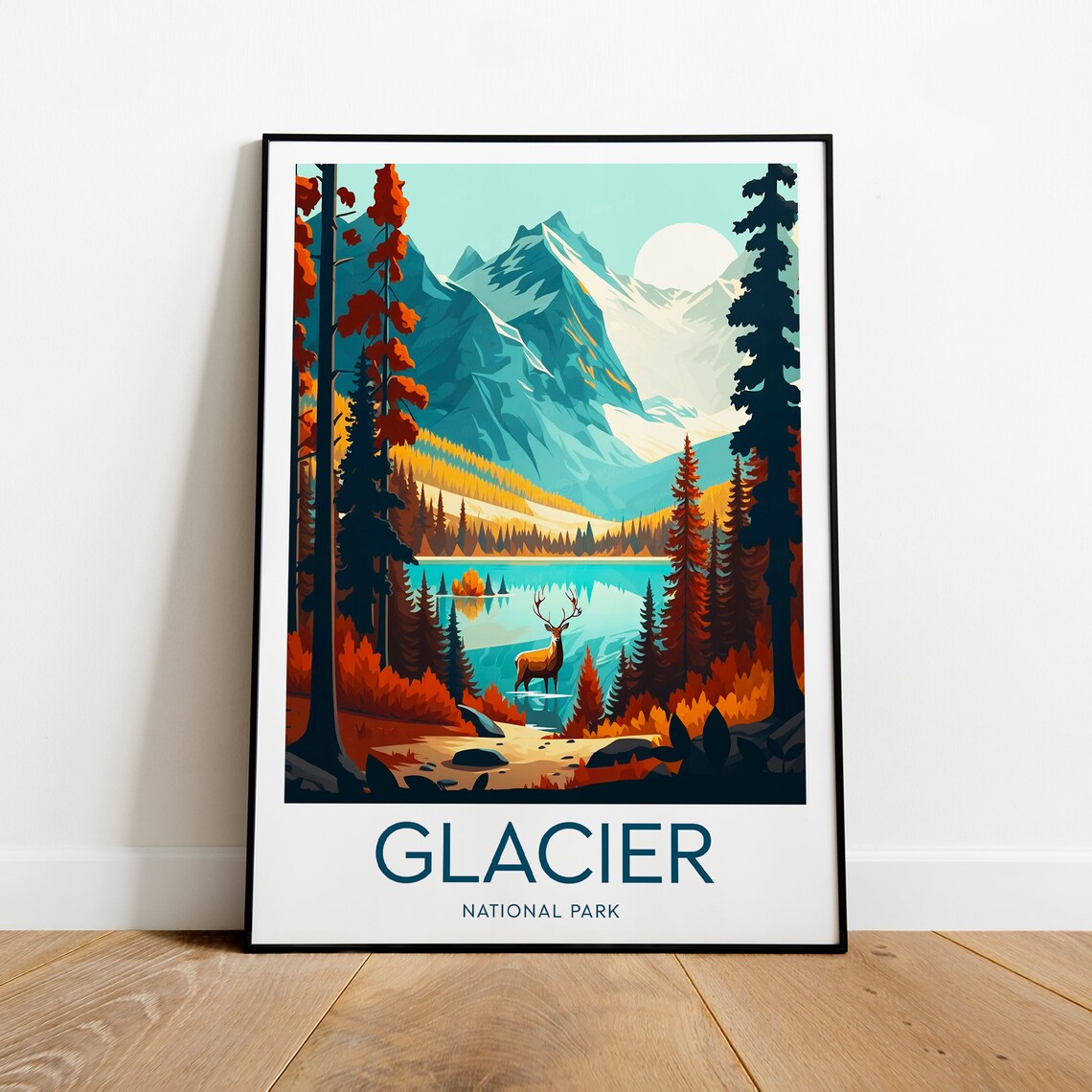 Glacier National Park Montana Elk Lake Peaks Vintage Travel Poster