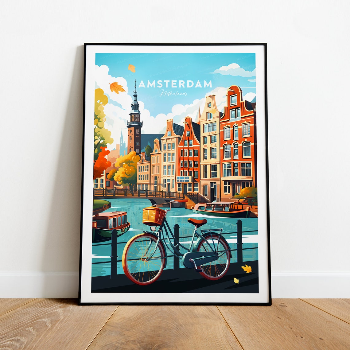 Amsterdam Netherlands Canal Bicycle Gabled Houses City Poster - Image 2