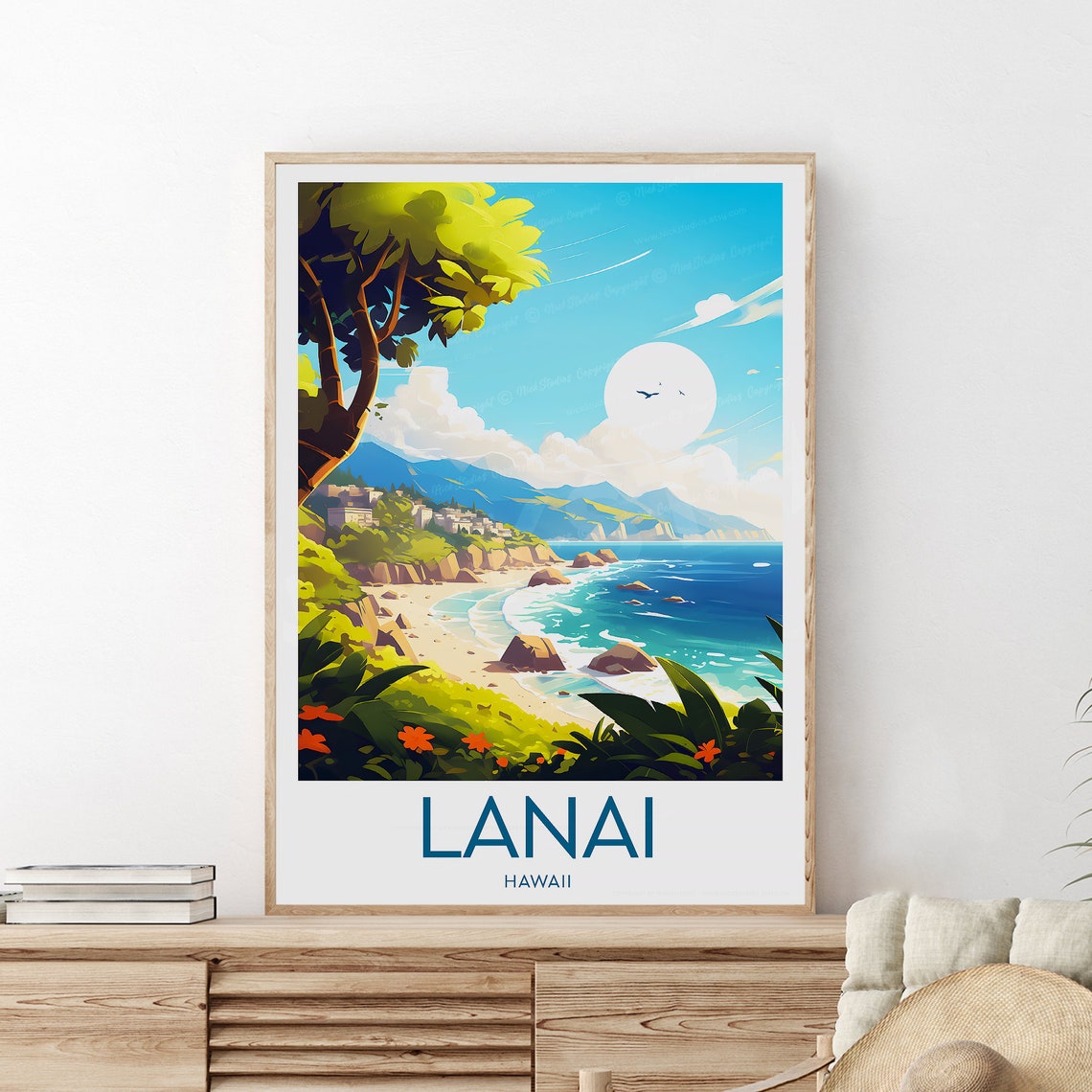 Lanai Hawaii Coastal Overlook White Border Caption Travel Poster