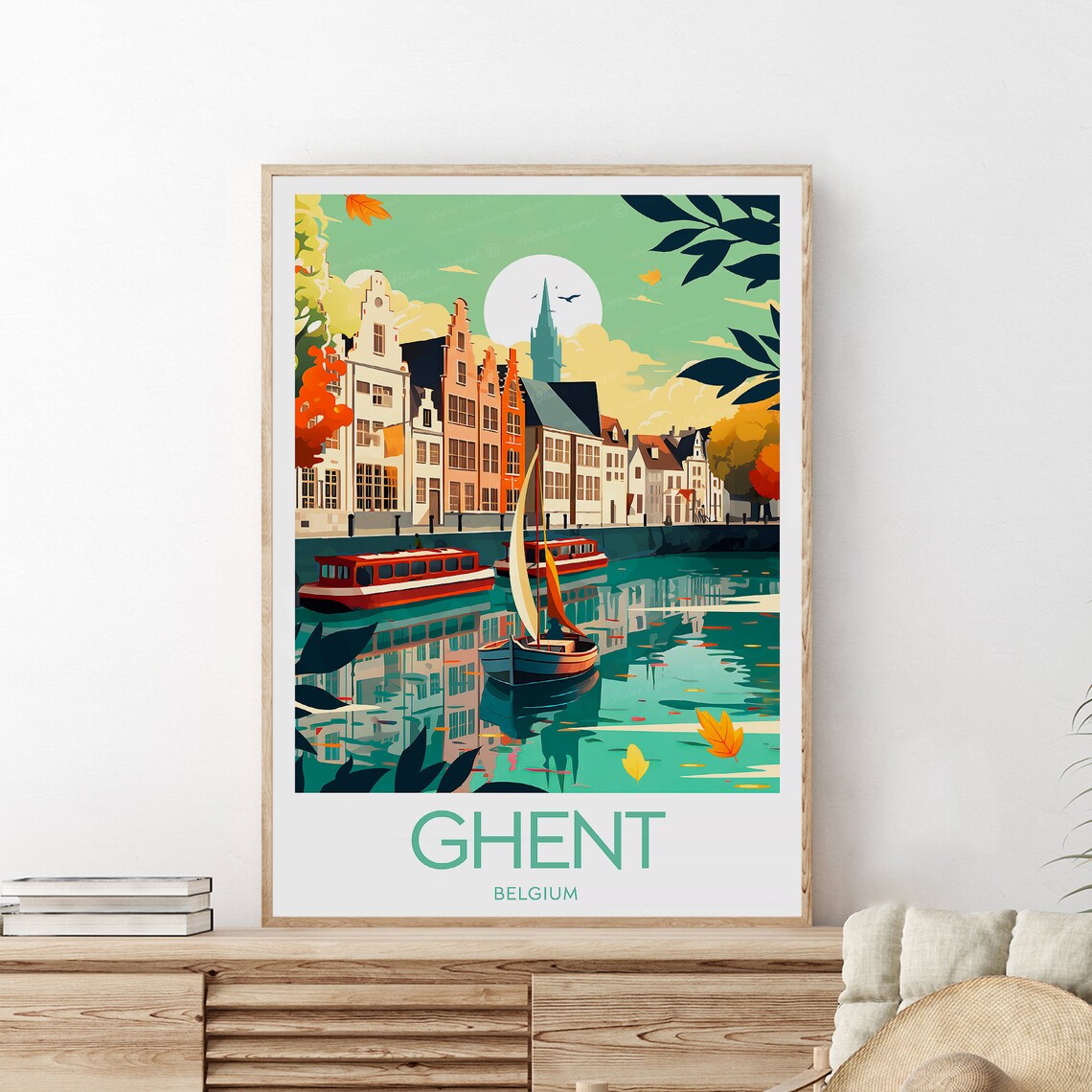 Ghent Belgium Canal Sailboat Historic Houses Reflection Travel Poster