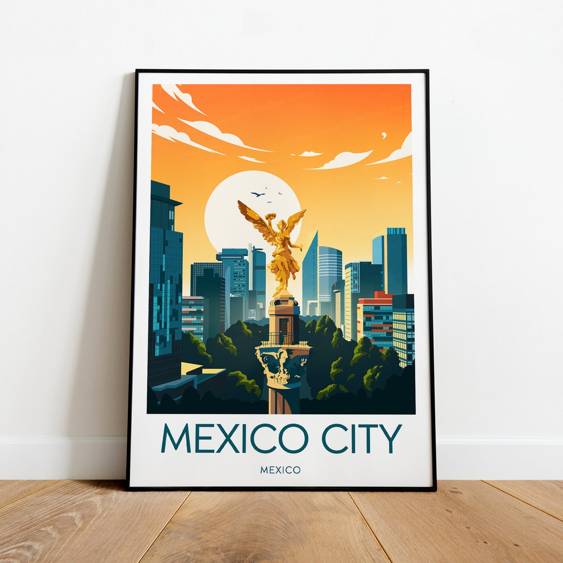 Mexico City Angel of Independence Sunset Skyline Scene Poster