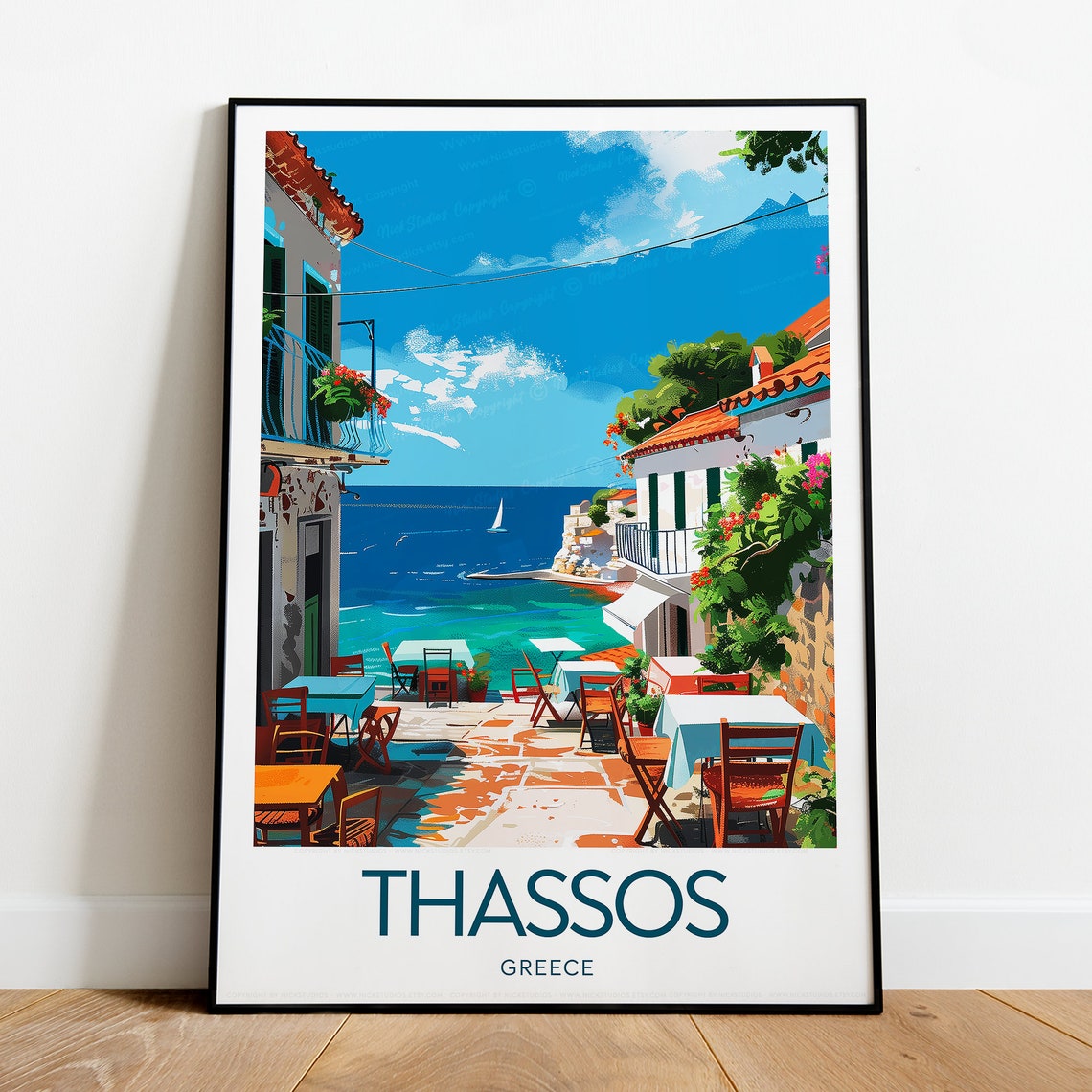 Thassos Greece Seafront Taverna Tables Sailboat Bay View Poster