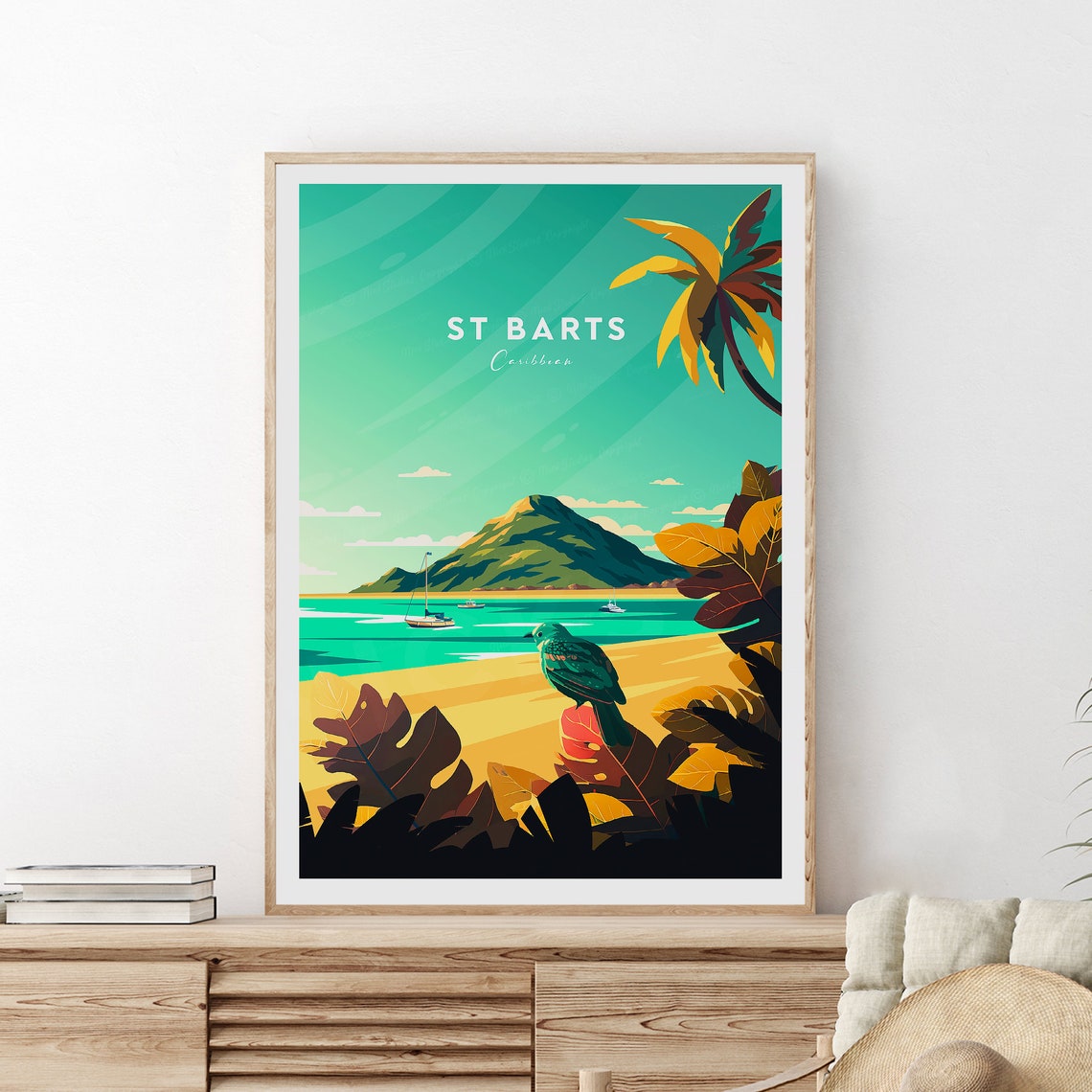St Barts Caribbean Tropical Beach Sailboat Vintage Travel Poster