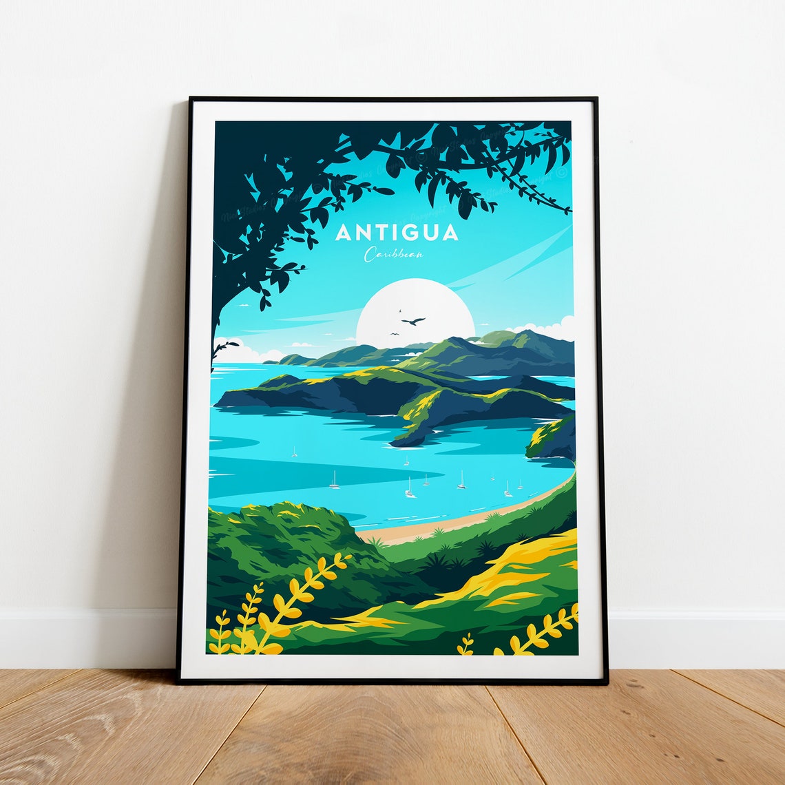 Antigua Caribbean Island Tropical Bay Sailing Moonlight Travel Poster - Image 2
