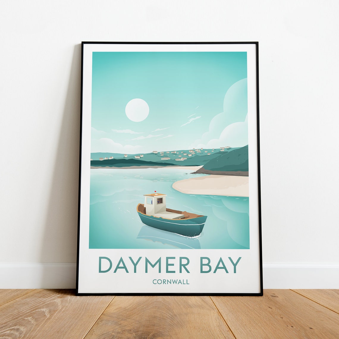 Daymer Bay Cornwall Classic Calm Seaside Teal Boat Travel Poster - Image 2