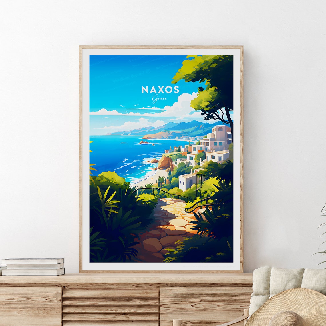 Naxos Greece Whitewashed Village Path by Azure Aegean Sea Poster - Image 2