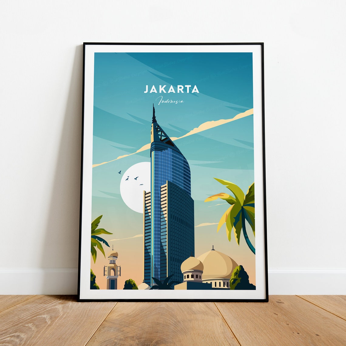 Jakarta Indonesia Skyscraper Mosque Palm City Retro Travel Poster
