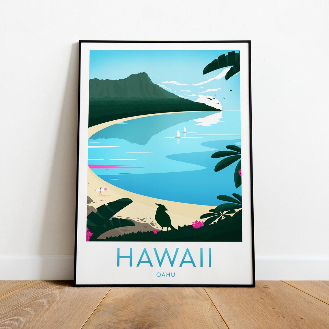 Hawaii Oahu Golden Beach Surf Waves Palm Sunset Travel Poster - Image 2