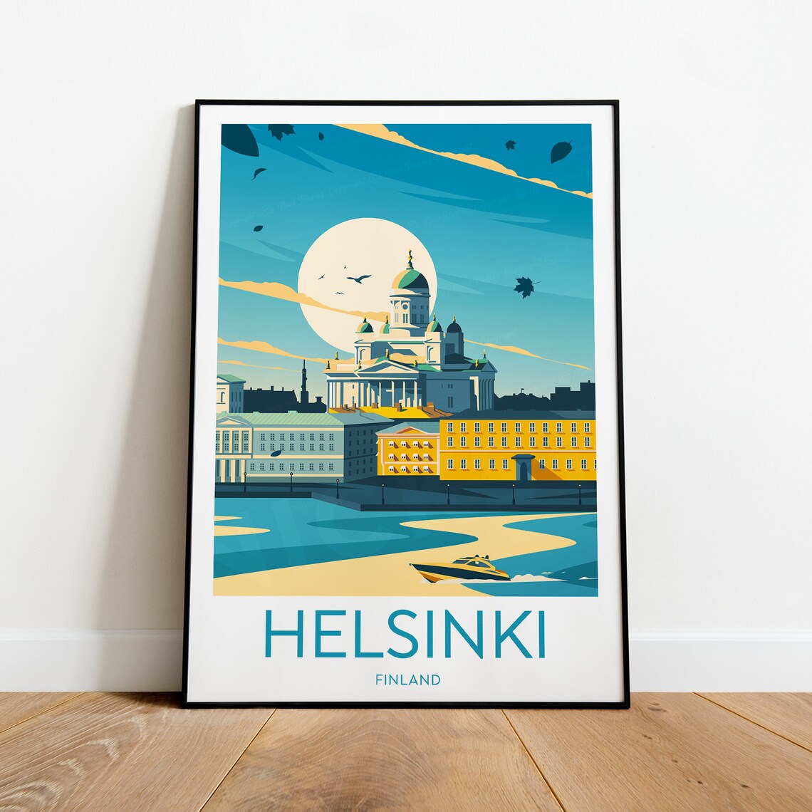 Helsinki Finland Cathedral Waterfront Evening Vintage Travel Poster
