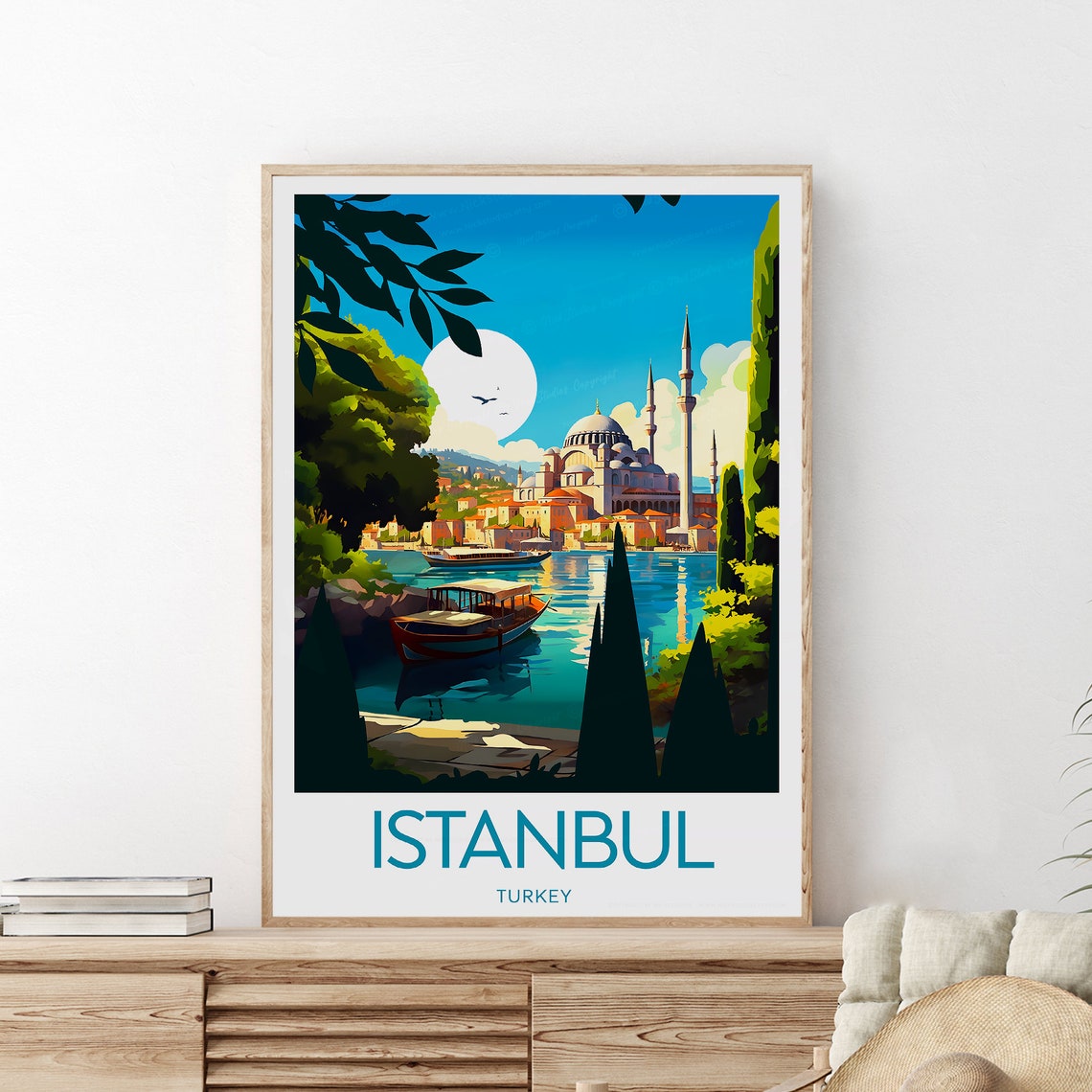 Istanbul Turkey Grand Mosque Harbor Boat Under Golden Sun Poster