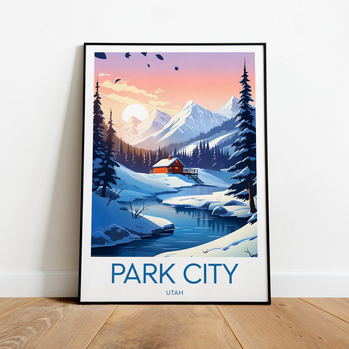 Park City Utah Snowy Mountain Cabin Winter Sunset Scene Poster - Image 2