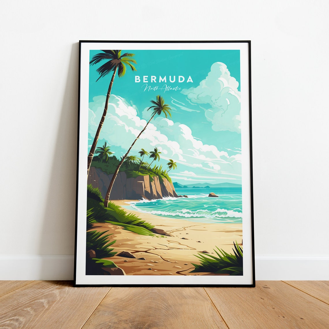 Bermuda North Atlantic Tropical Beach Palm Trees Travel Poster