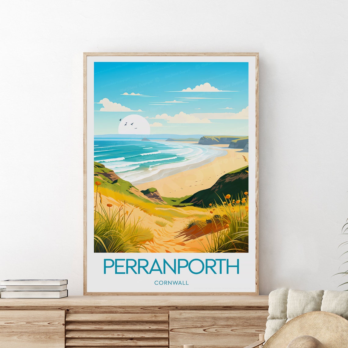Perranporth Cornwall Beach Dunes Surf Coastline Scene Poster - Image 2
