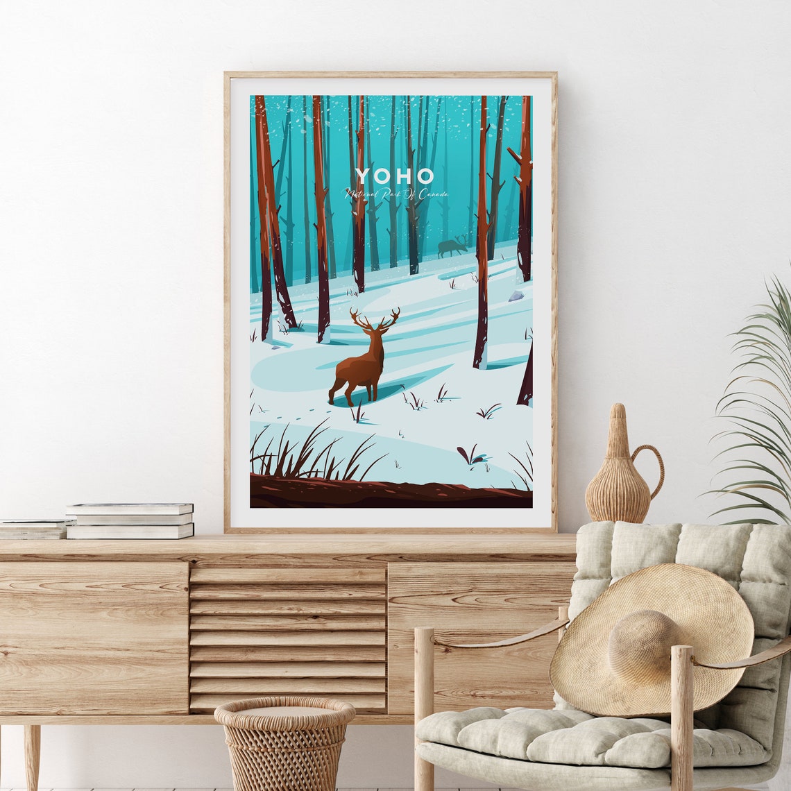 Yoho National Park Canada Winter Forest Stag Snow Scene Poster