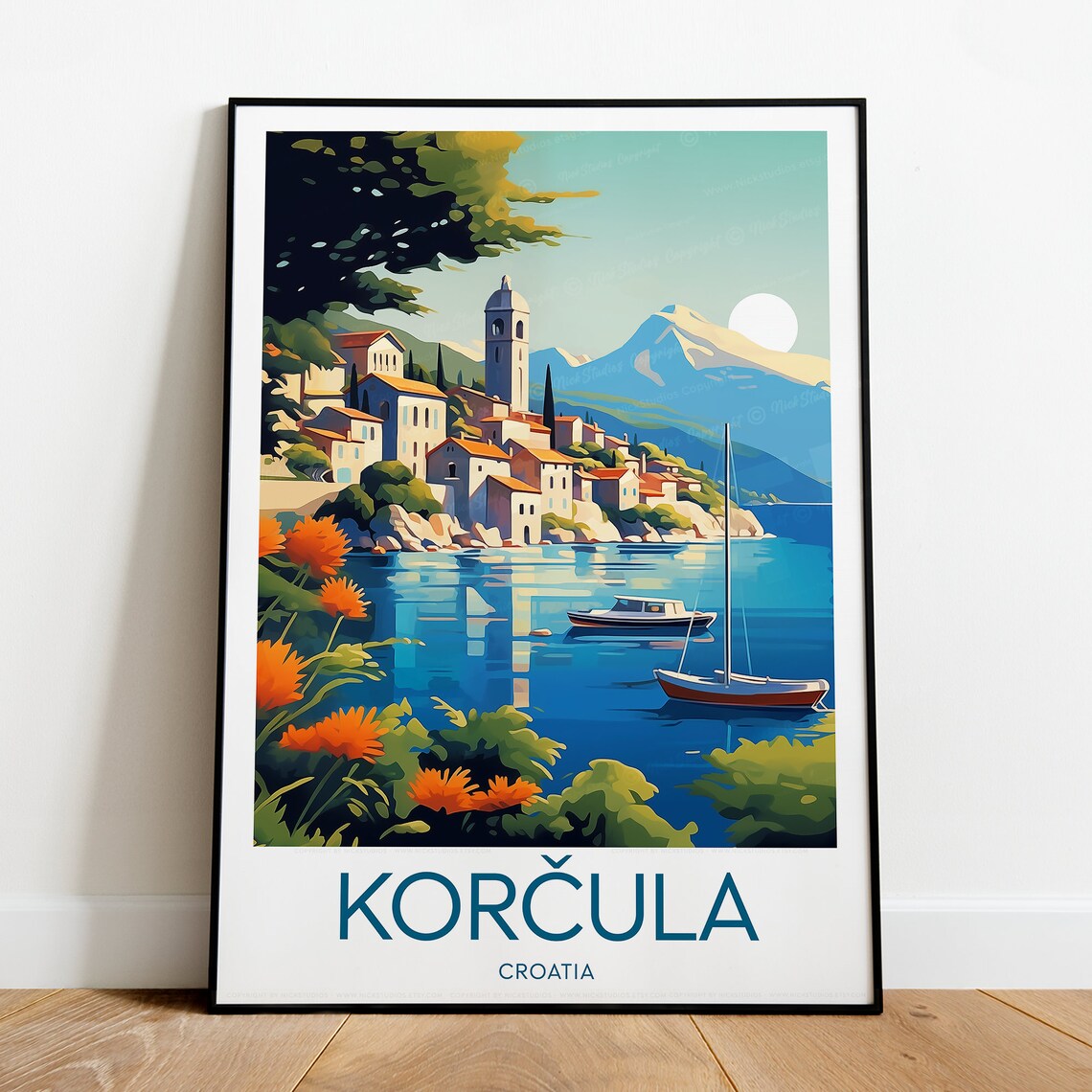 Korcula Croatia Old Town Sailboats Sunset Adriatic Coast Travel Poster