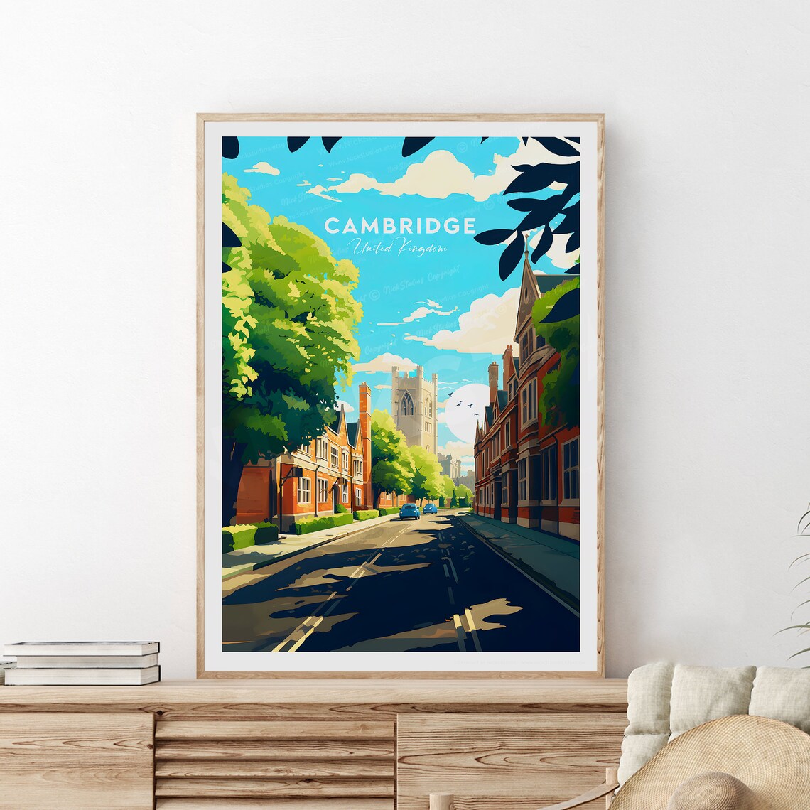 Cambridge United Kingdom Historic College Street Scene Travel Poster - Image 2