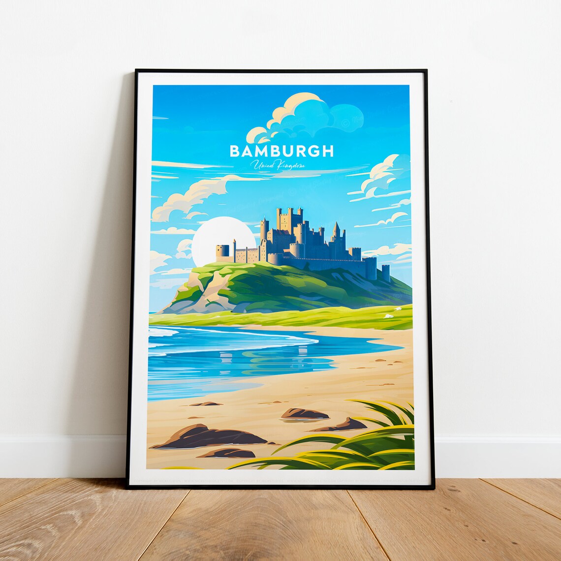 Bamburgh Castle on the Beach United Kingdom Vintage Travel Poster - Image 2