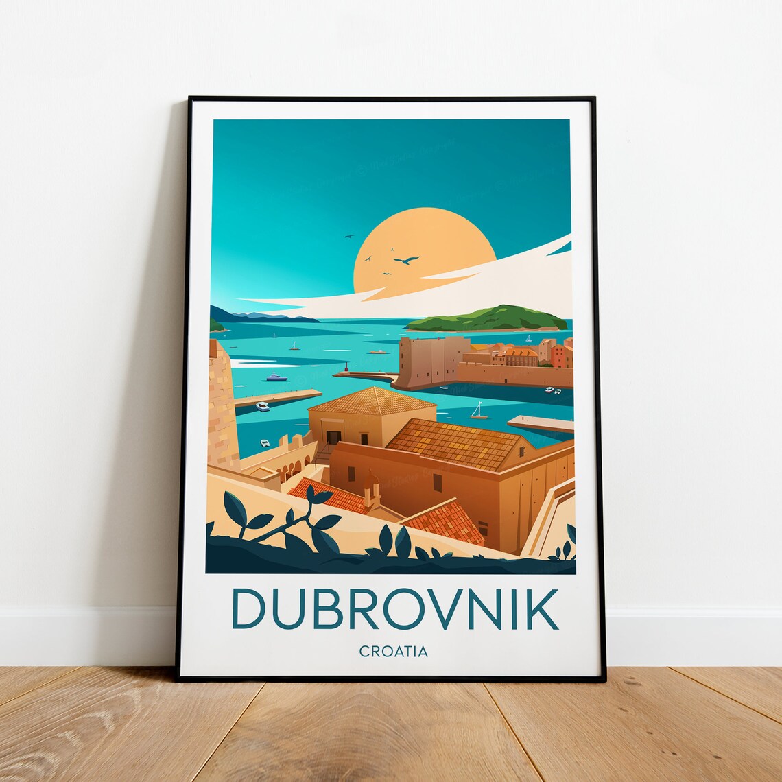 Dubrovnik Croatia Old Town Walls And Harbor At Sunset Travel Poster