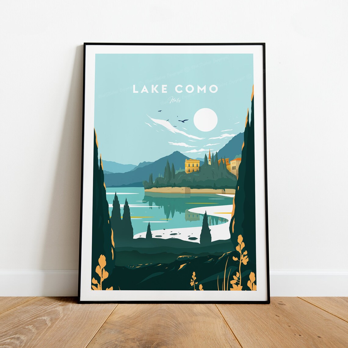 Lake Como Italy Lakeside Villa Dusk Mountain Sunset Travel Poster