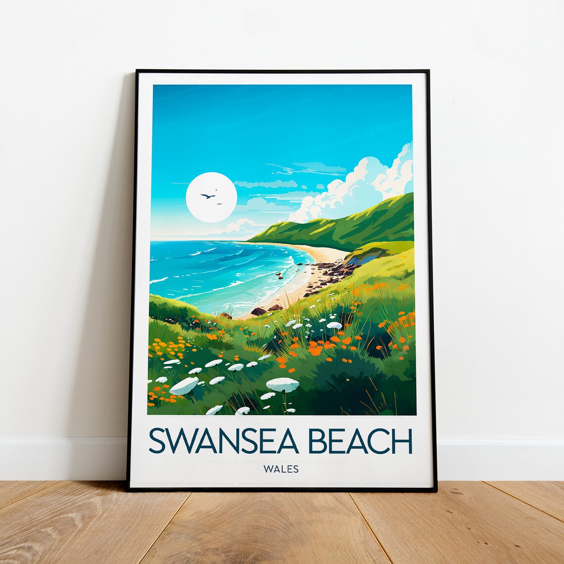 Swansea Beach Wales Wildflower Cliffs Coastal Ocean Bay Travel Poster - Image 2
