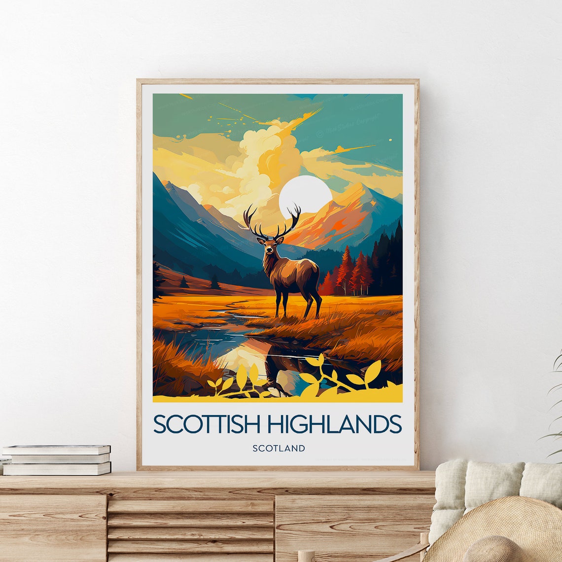 Scottish Highlands Red Deer Stag Autumn Glen Sunset Travel Poster - Image 2