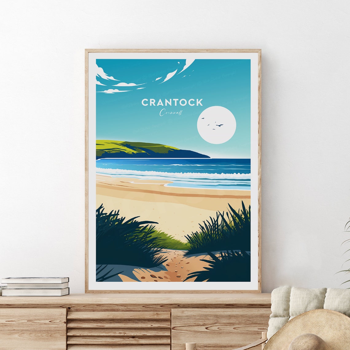 Crantock Cornwall Sandy Beach Bright Moon Seascape Travel Poster