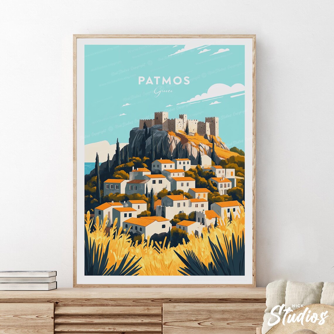 Patmos Greece Castle Village Retro Island Travel Poster Decor
