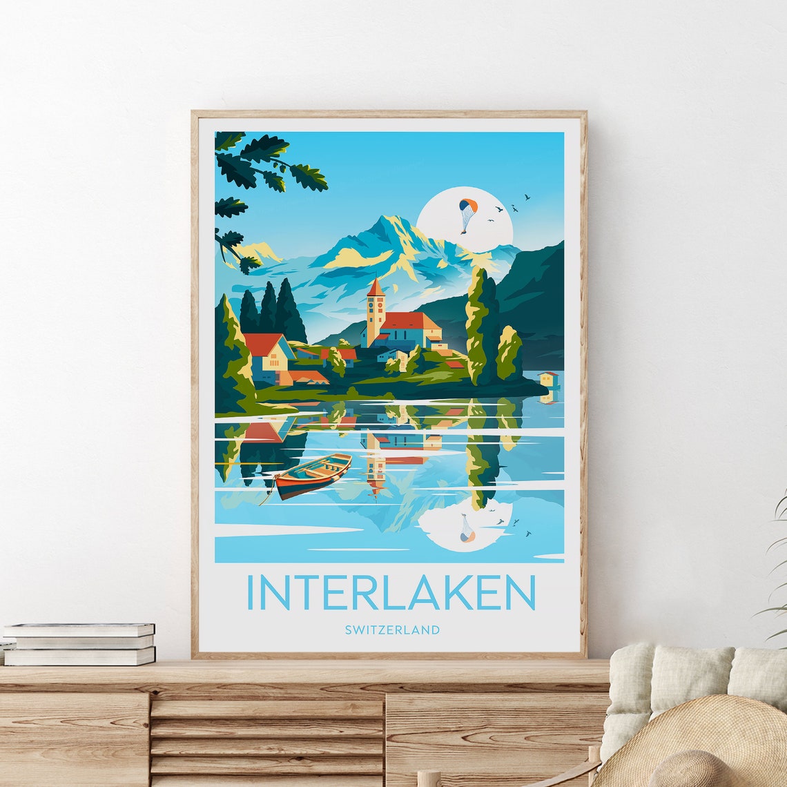 Interlaken Switzerland Lake Village Paraglider Alps Peak Poster