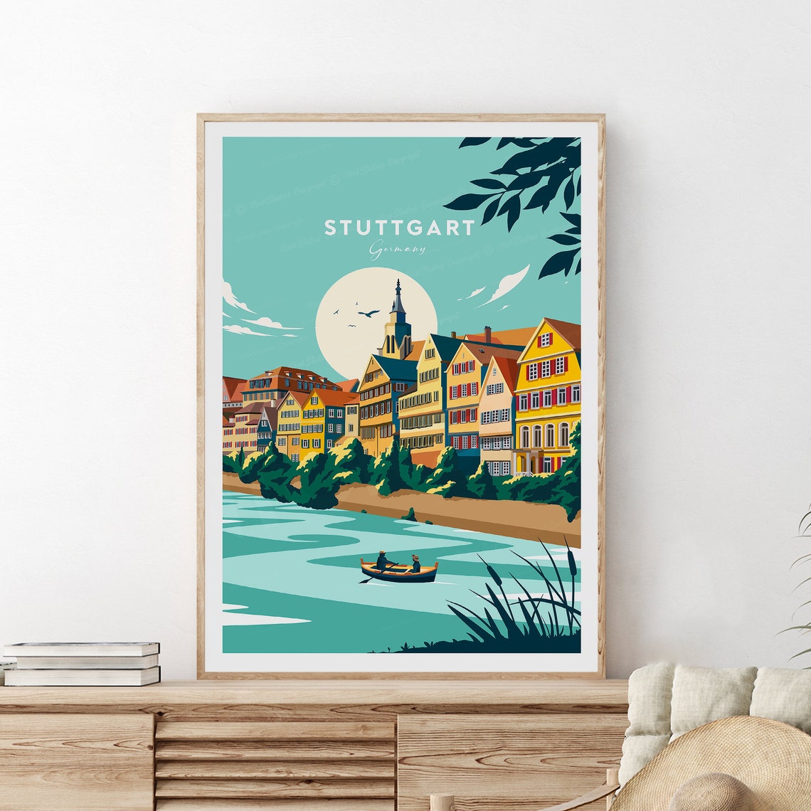 Stuttgart Germany Old Town Riverside Houses Flat Style Travel Poster - Image 2