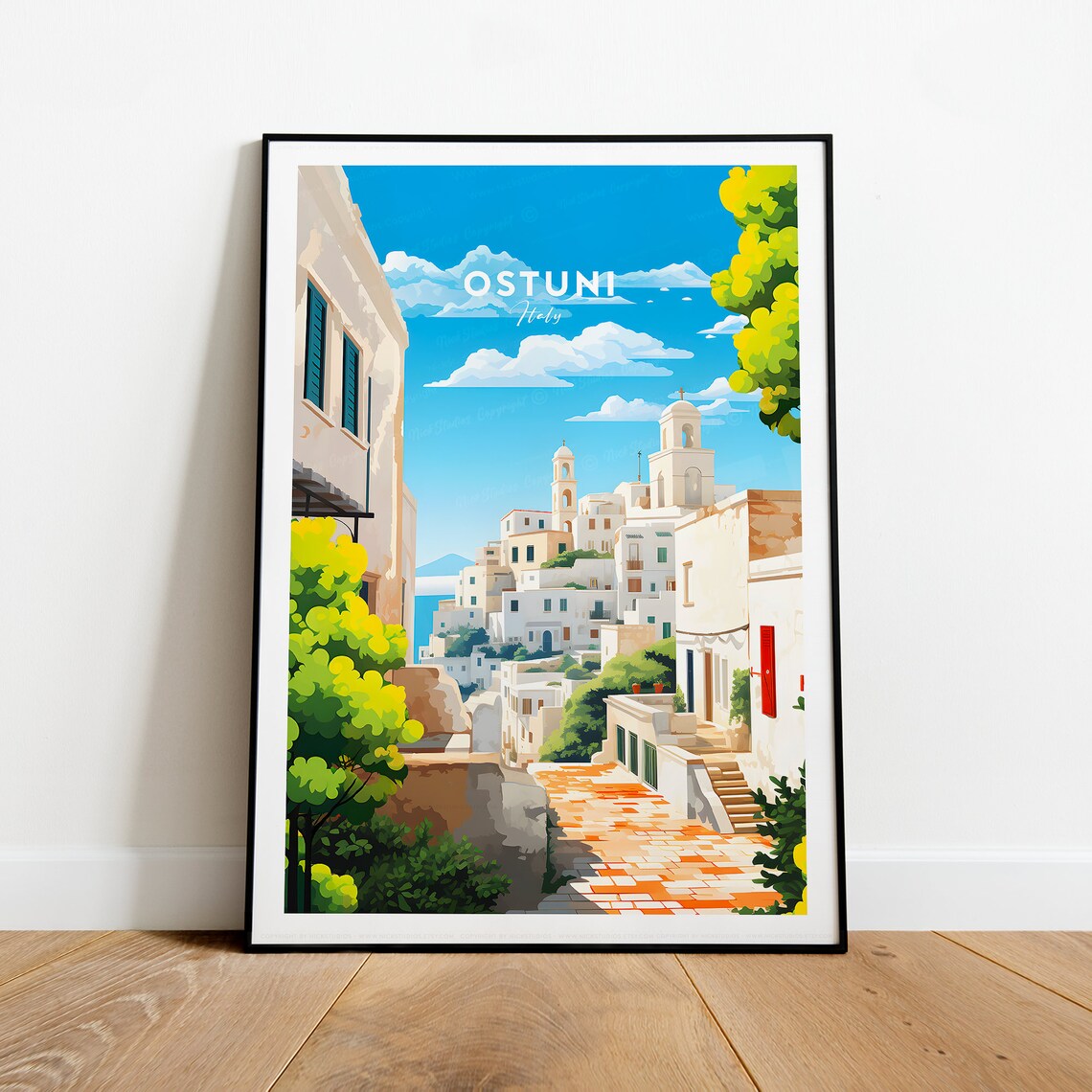 Ostuni Italy White City Sunny Hilltop Village Puglia Travel Poster