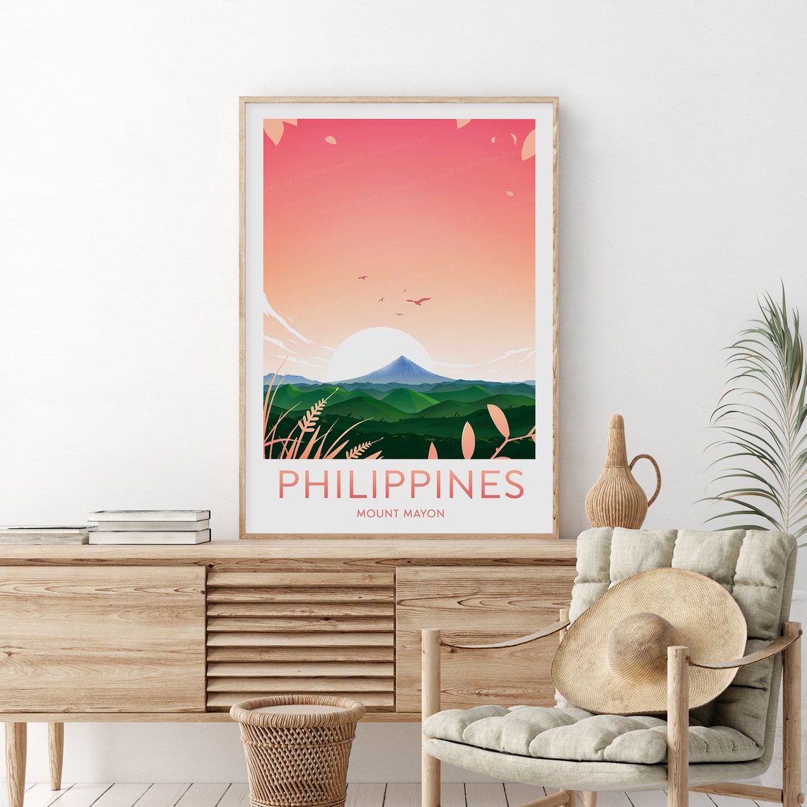 Philippines Mount Mayon Sunset Volcano Minimalist Travel Poster