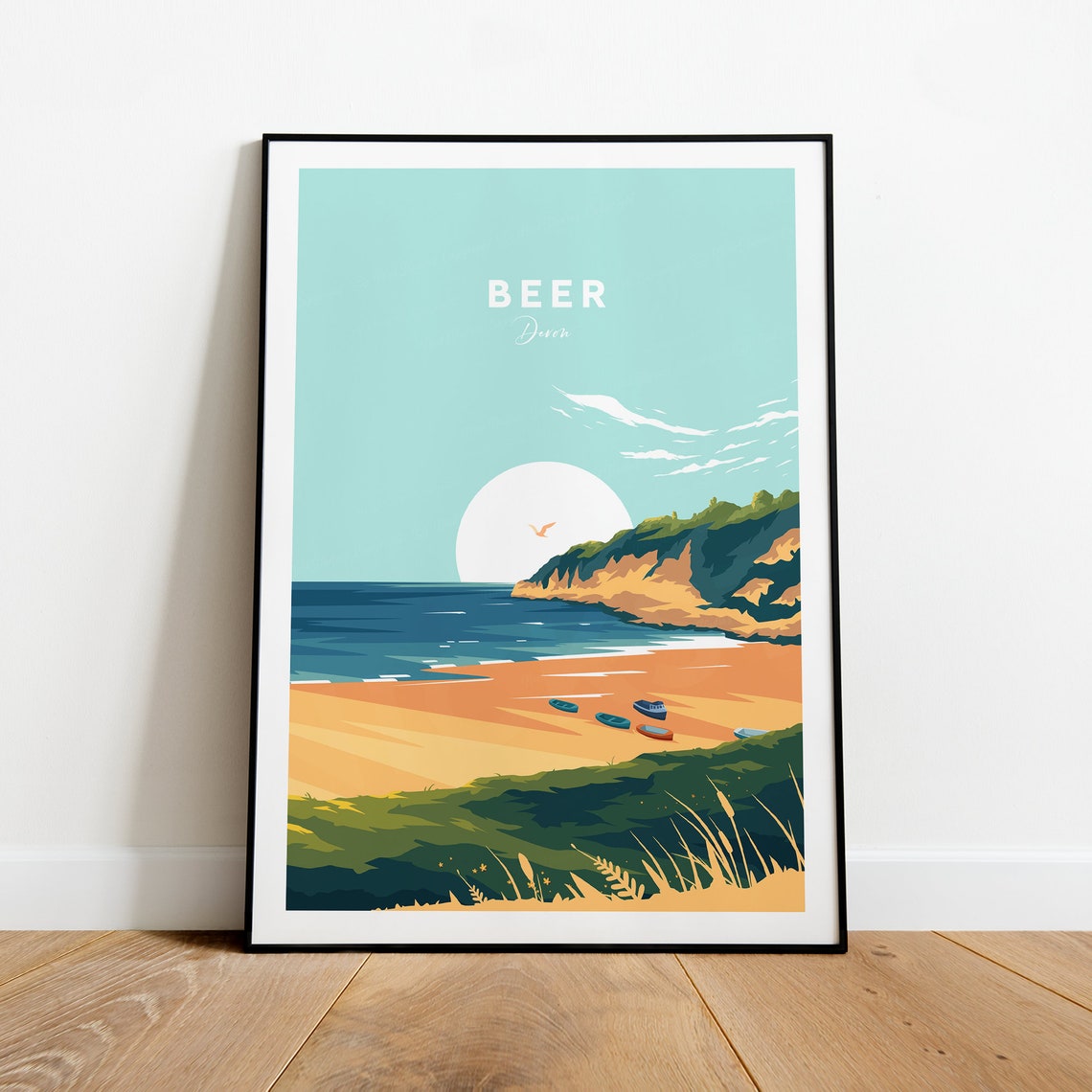 Beer Devon Coastal Village Sunset Beach and Cliffs Travel Poster