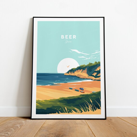 Beer Devon Coastal Village Sunset Beach and Cliffs Travel Poster