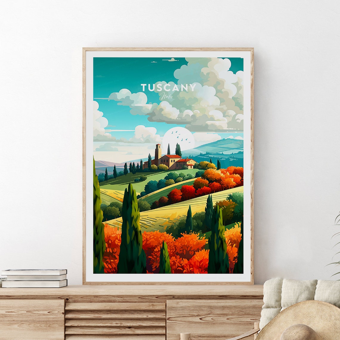 Golden Hour Tuscany Italy Hillside Villa Cypress Trees Poster