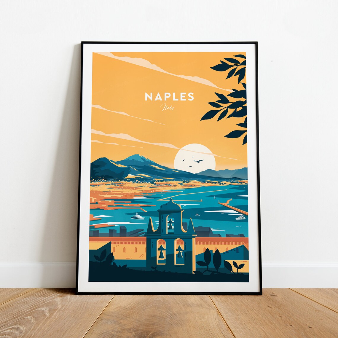 Naples Italy Sunset Over The Bay With Vesuvius Silhouette Poster