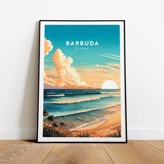 Barbuda Caribbean Sunset Beach Palms Rolling Waves Travel Poster