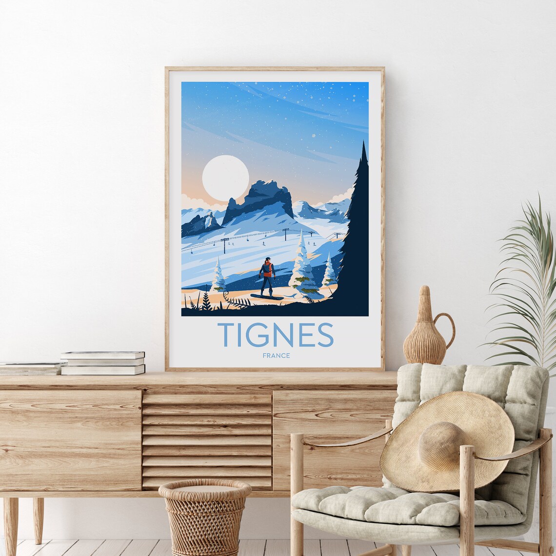 Tignes France Snowboarder Alpine Ski Resort Winter Peaks View Poster