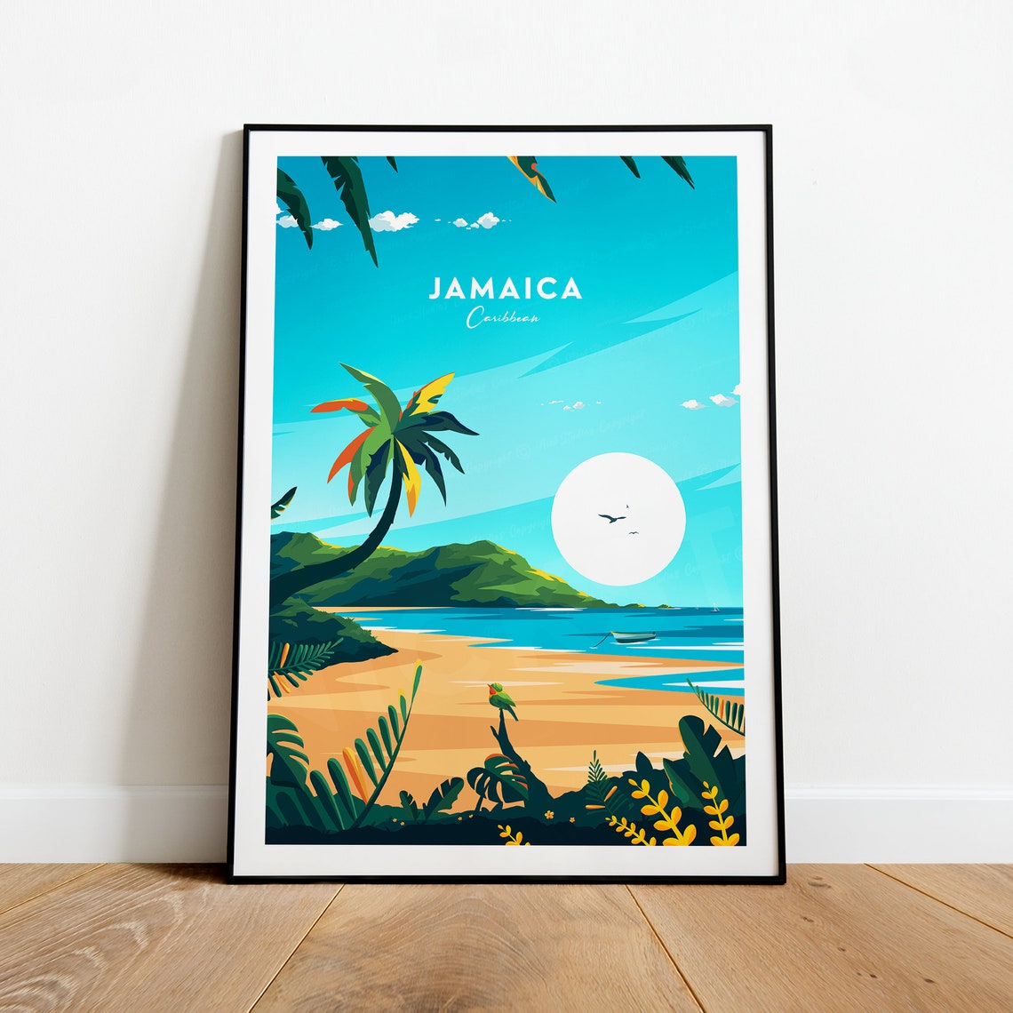 Jamaica Caribbean Palm Beach Parrot Island Vintage Travel Poster