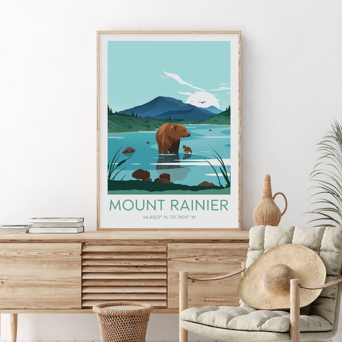 Mount Rainier Brown Bear and Cub Lake Coordinates Wildlife Poster - Image 2