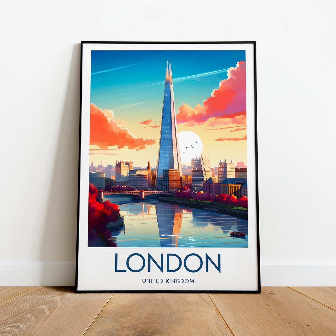 London Sunset Travel Poster With The Shard Over The Thames View