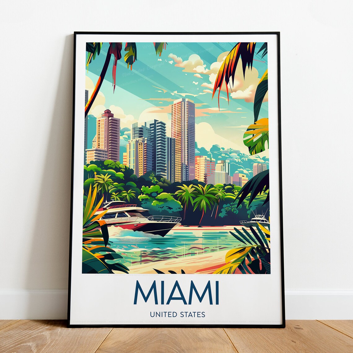 Miami Florida Skyline Bay Yacht Palm Trees Sunny Day Travel Poster