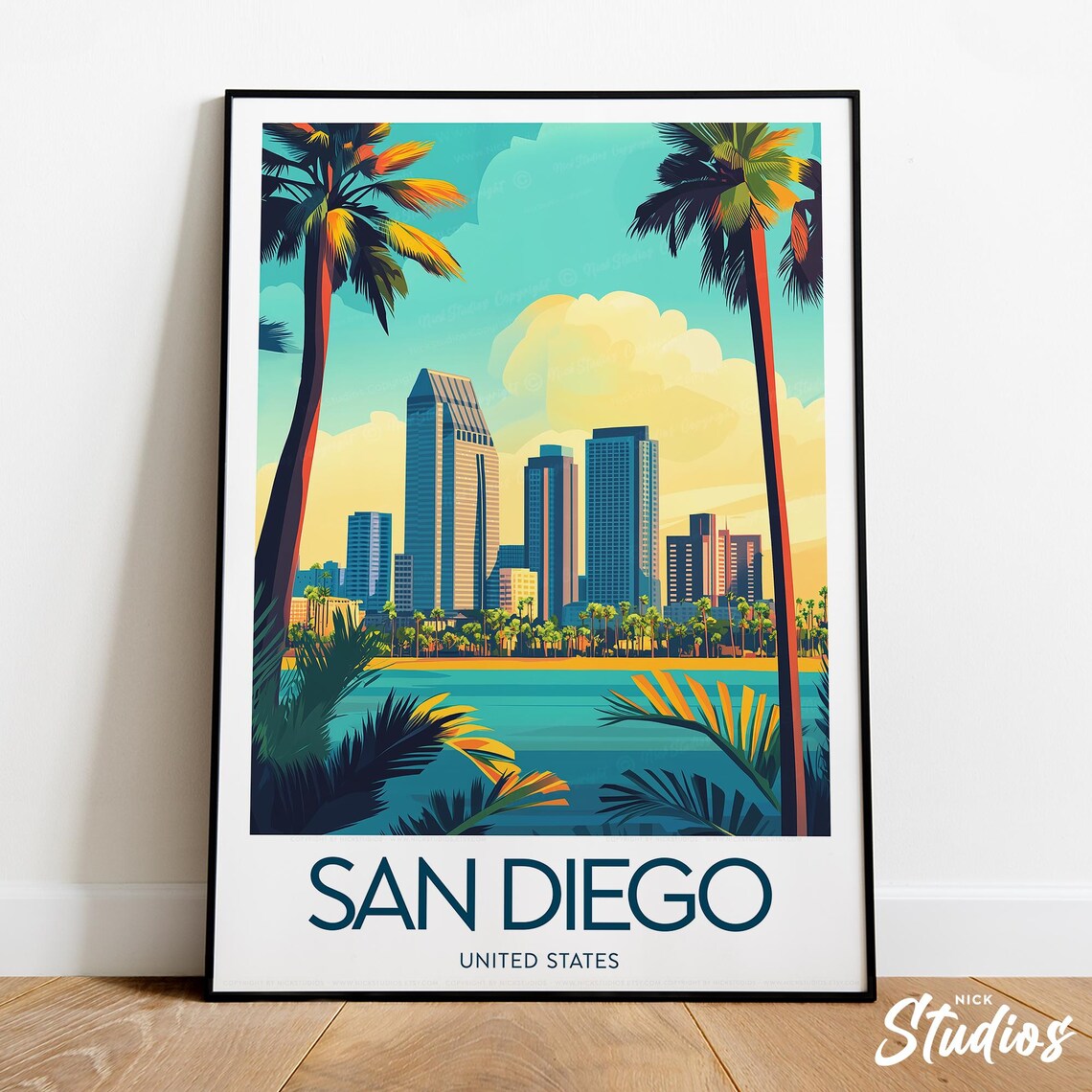 San Diego United States Palm Tree Skyline Retro Travel Poster