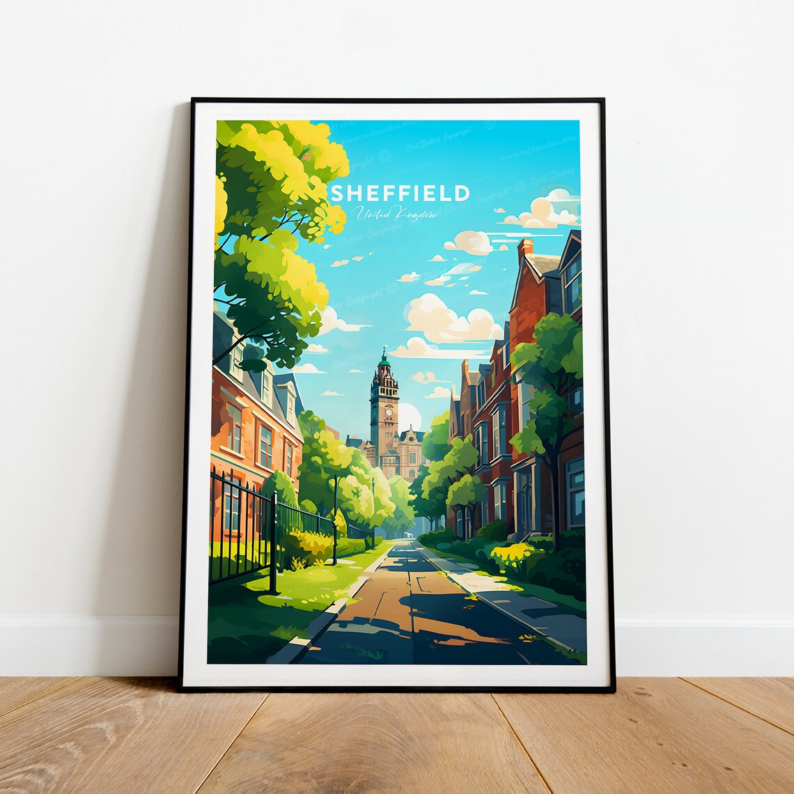 Sheffield United Kingdom Town Hall Clock Tower Street Travel Poster - Image 2