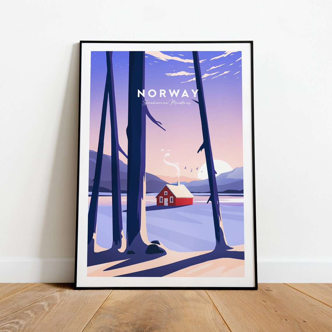 Norway Scandinavian Mountains Red Cabin on Frozen Lake Poster - Image 2