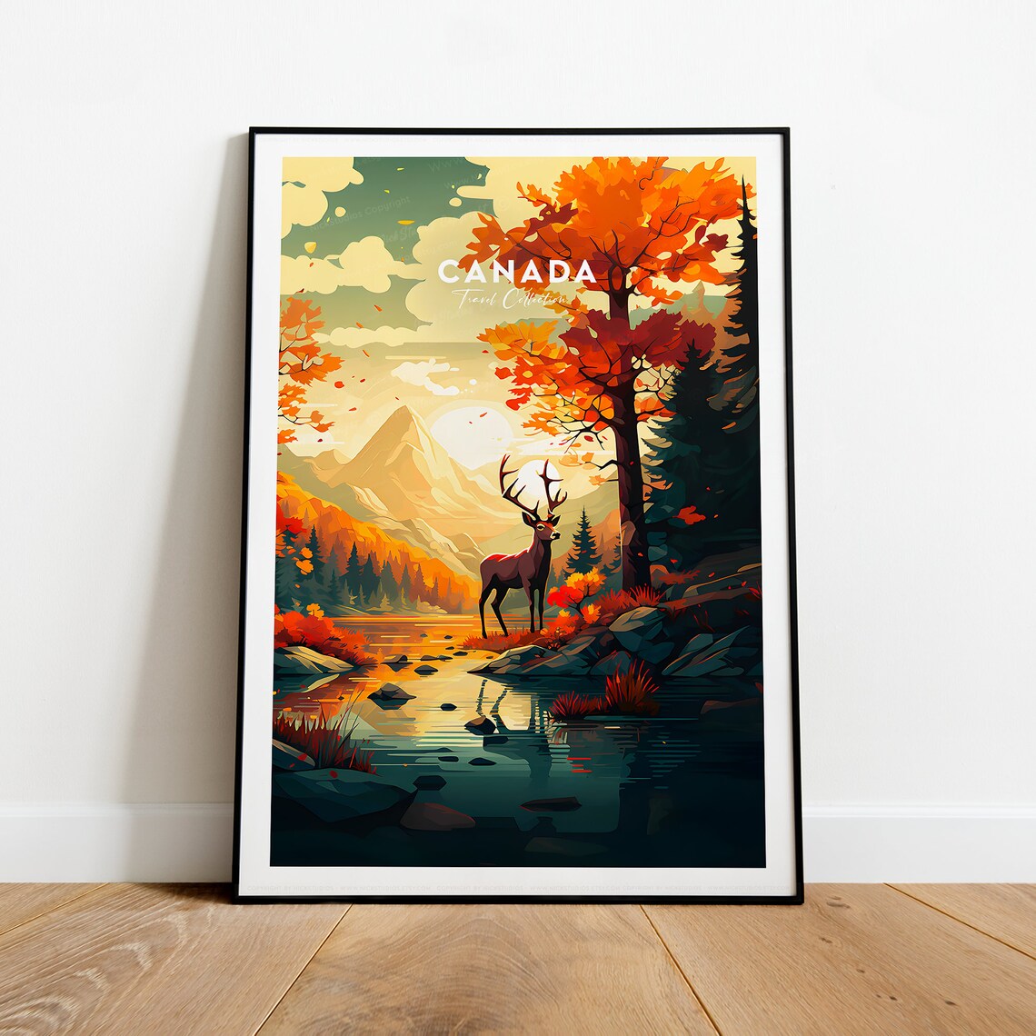 Canada Stag Autumn Lake Mountains Travel Collection Wall Art