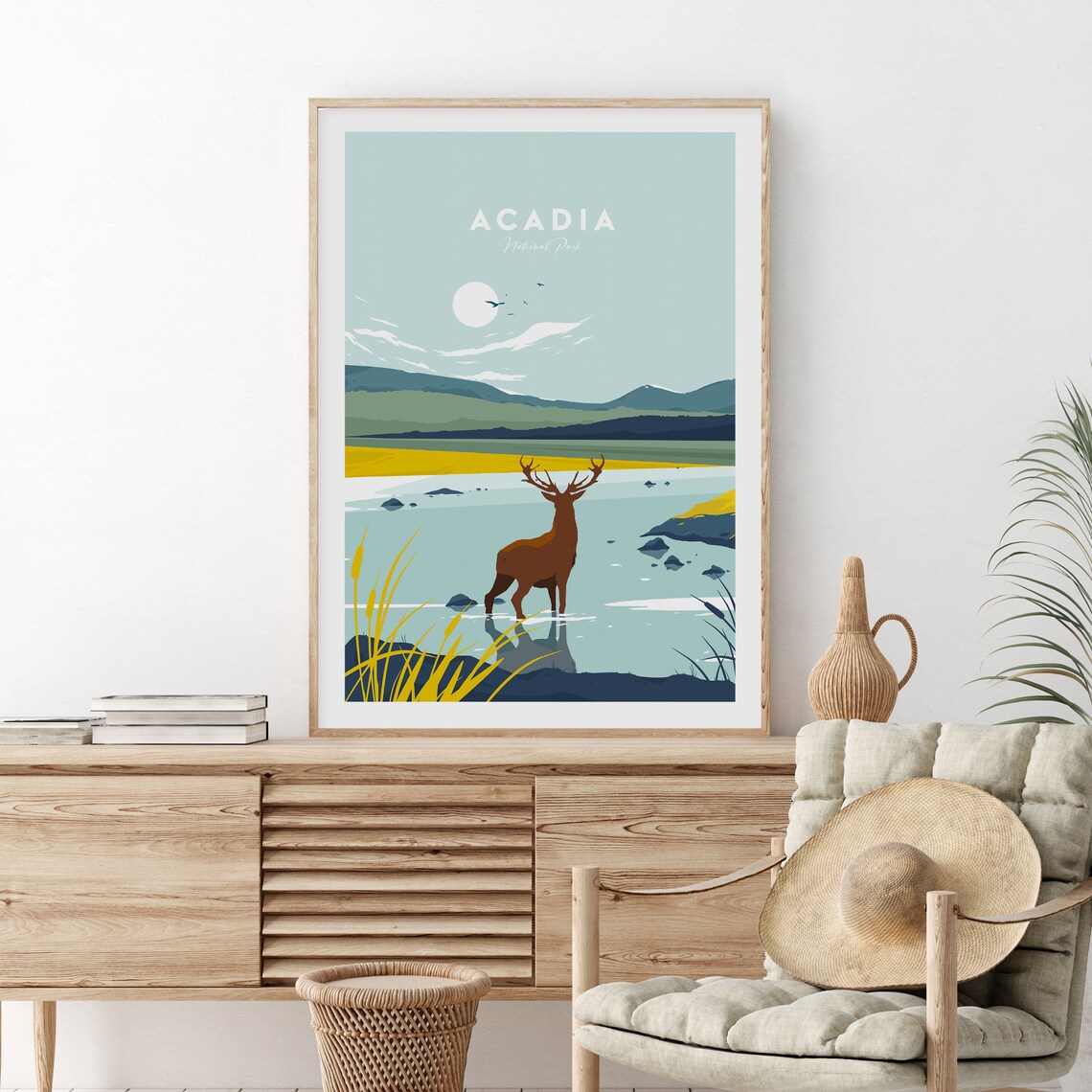 Acadia National Park Stag by Lake Mountains Travel Art Poster