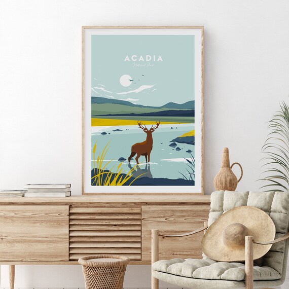 Acadia National Park Stag by Lake Mountains Travel Art Poster